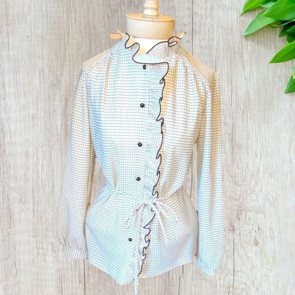 Vintage Lynn Davis Windowpane Ruffle Front Shirt 10